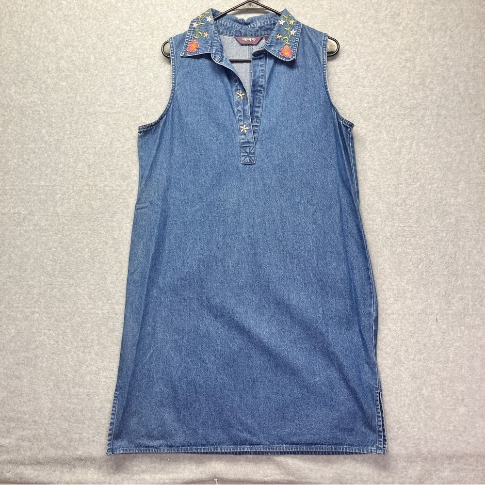 Vintage Agapo Denim Cottagecore Dress‎ Sleeveless 80s Collared Cotton size L